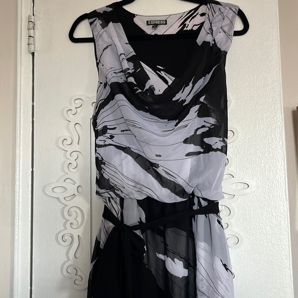 Black and white drape neck dress